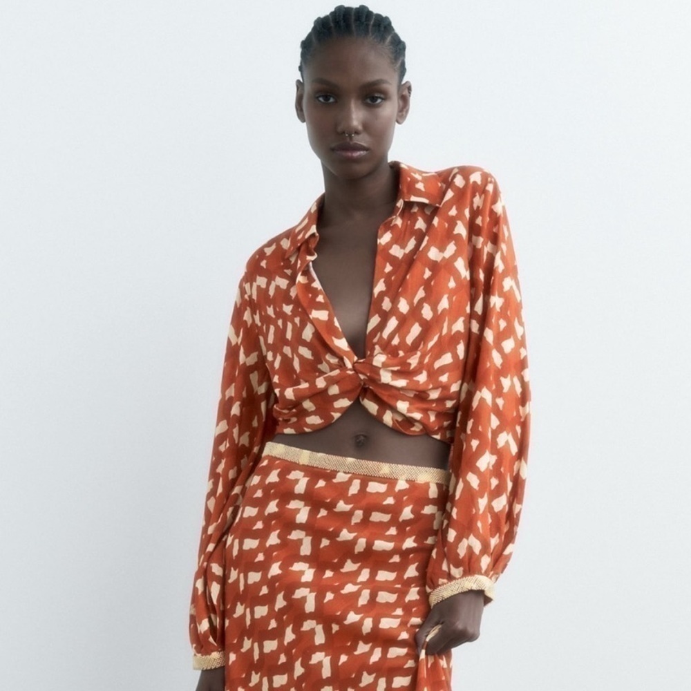 Zara Linen Blend Printed Wrap Crop Top Terracotta And Cream side zip closure NWT - Picture 5 of 10